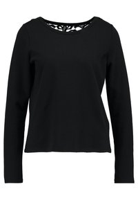 Top lungo nero a maniche lunghe realizzato in tessuto morbido, caratterizzato da un colletto rotondo con inserto di pizzo decorativo sul retro. Linea semplice, vestibilità comoda.