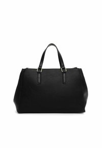 Borsa a tracolla in pelle nera con superficie testurizzata, due manici corti e hardware in tonalità dorata. Chiusura superiore con zip. Base leggermente più ampia.