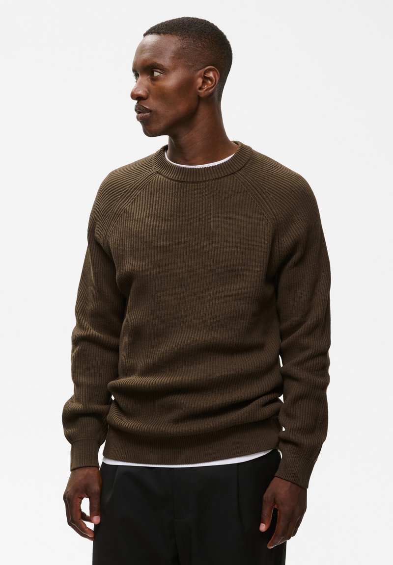 Homme portant un pull en tricot côtelé marron par-dessus une chemise blanche, regardant vers sa gauche, avec un pantalon noir sur un fond uni.