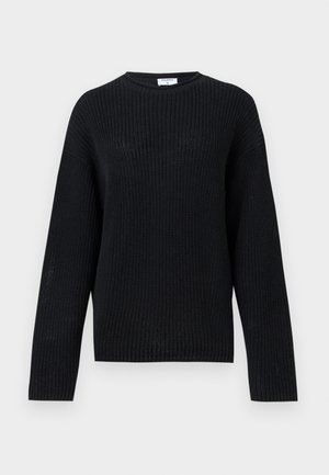 Pull en maille noir à manches longues avec col rond, texture côtelée et coupe décontractée sur un fond clair uni.