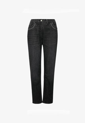 Jean noir taille haute à jambes droites avec poches avant et petits clous argentés le long des bords des poches.