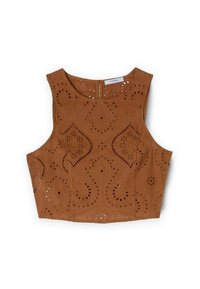 Ruskea, hihaton lyhyt toppi, jossa on monimutkaisia leikkauksia ja takana vetoketjusuljenta. Valmistettu tekstuurista kankaasta.