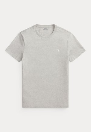 Svetlosivé tričko s krátkym rukávom a okrúhlym výstrihom s malým bielym logom konička Polo Ralph Lauren na ľavej strane hrudníka.