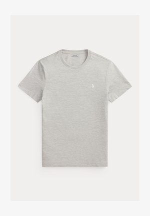 Jasnoszara koszulka z krótkim rękawem i okrągłym dekoltem, z małym białym logo konia Polo Ralph Lauren na lewej piersi.