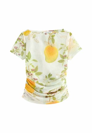 Sheer light yellow fitted short-sleeve top with botanical print of pears, leaves, and small flowers, featuring side ruching.