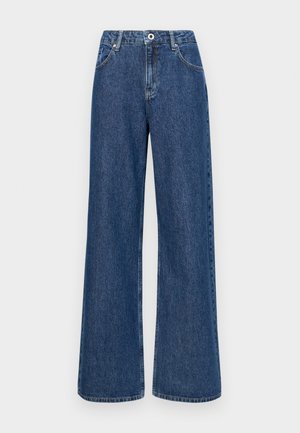 Široke modre jeans hlače z visokim pasom, z sprednjimi žepi in enim gumbom za zapiranje. Teksturovan material z vidnimi šivi.