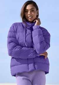 Purple puffer jacket with a high collar and elastic cuffs, featuring a quilted design. The fabric appears glossy and padded.