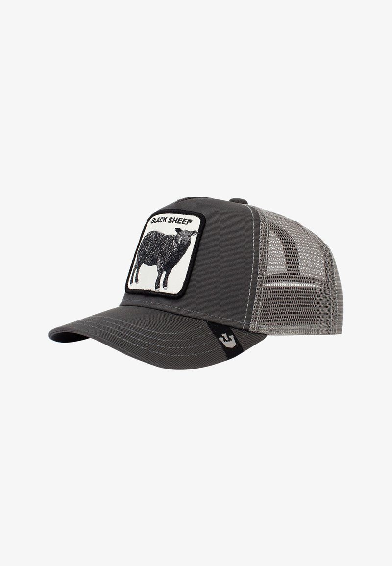 Casquette grise avec un devant solide et un dos en maille, ornée d'un patch graphique de mouton noir et blanc portant l'inscription "BLACK SHEEP". Visière courbée.