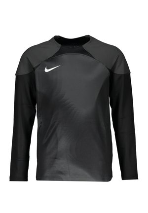 Haut de sport à manches longues noir de Nike, avec une texture lisse, un col rond et des accents de design subtils à l'avant.