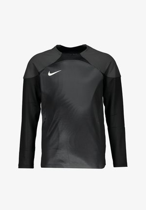 Nike black long-sleeve athletic top, featuring a smooth texture, rounded neckline, and subtle design accents on the front.