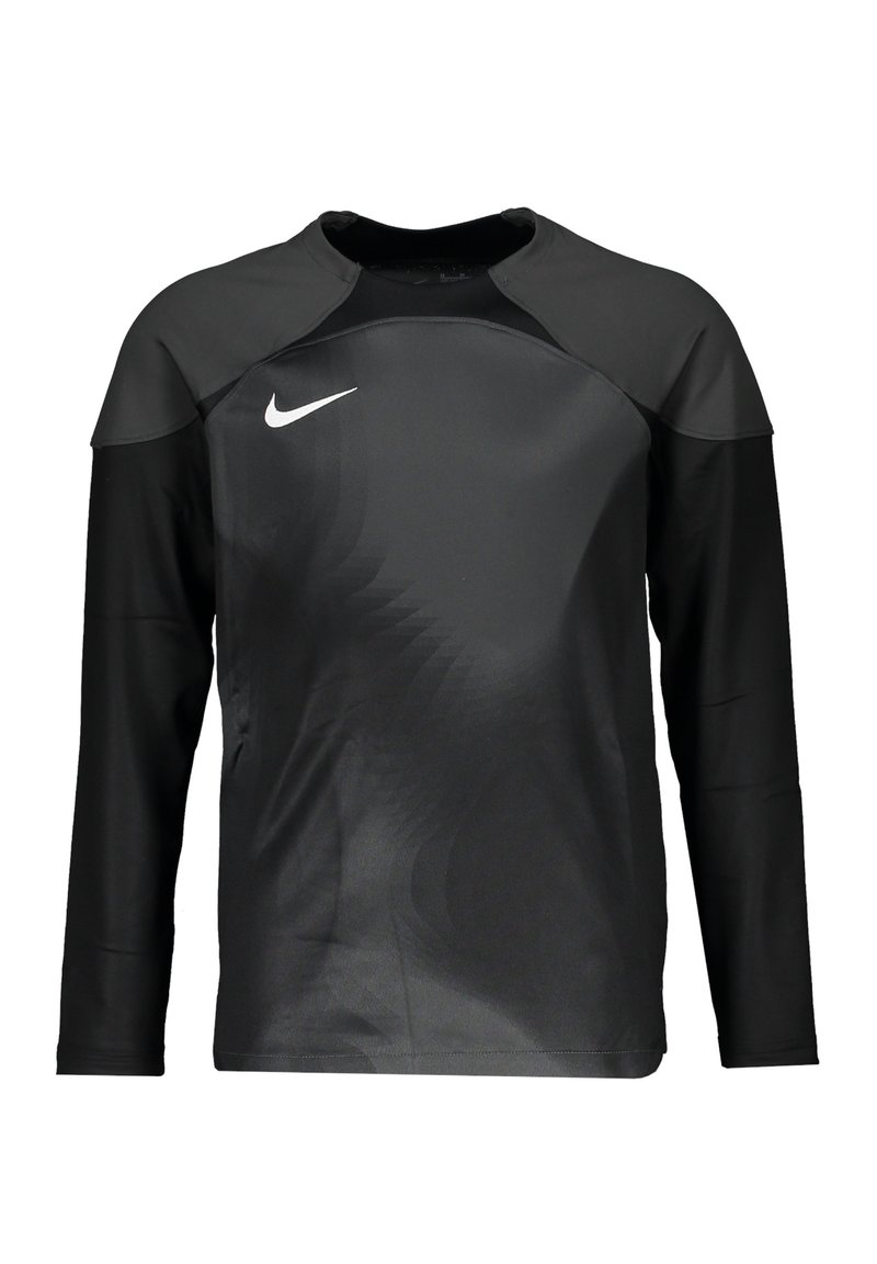 Haut de sport à manches longues noir de Nike, avec une texture lisse, un col rond et des accents de design subtils à l'avant.
