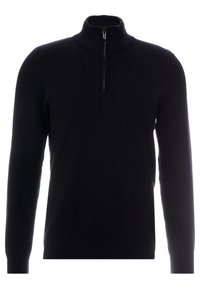 Maglione nero a maglia con colletto alto e chiusura a mezza zip. Presenta polsini e orlo a coste, tessuto strutturato di colore uniforme.