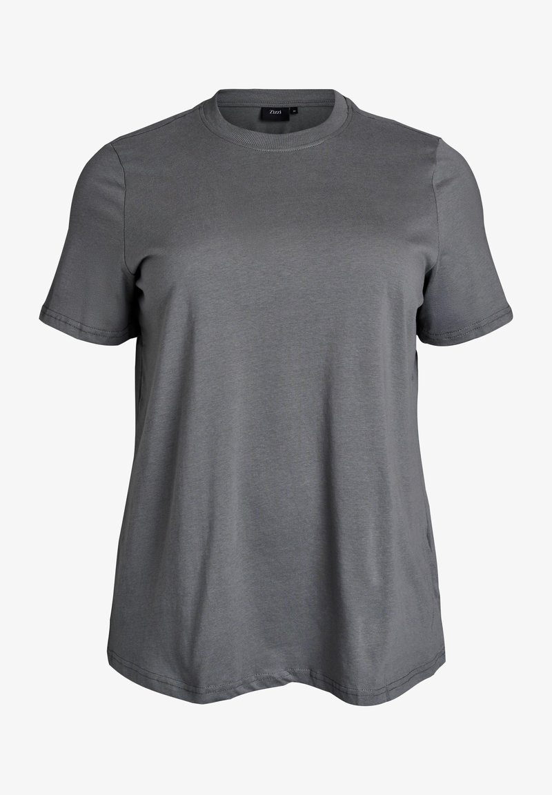 Pelēks īsām piedurknēm t-krekls, kas izgatavots no mīkstas auduma, ar apaļu kakla izgriezumu un brīvu piegriezumu, ar šūtu apakšmali un sānu šķēlumu detaļām.