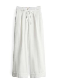 White wide-leg trousers in lightweight fabric, featuring a drawstring waistband, button closure, and rolled hem detail.