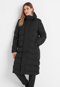 Black puffer coat with a long silhouette, filled with padding, featuring a hood, side pockets, and a vertical zip closure. Smooth texture.