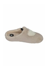 Beige fuzzy slipper with a rounded toe, soft textile upper, and a white fur-like accent on the top. Slip-on design for easy wear.