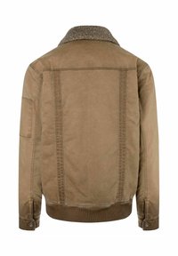 Braune Canvas-Jacke mit einem flauschigen Kragen, gerippten Bündchen, zwei Seitennähten und einer aufgesetzten Tasche am linken Arm; hat eine glatte, matte Textur.