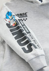 Grå hættetrøje med Sonic the Hedgehog grafik og fed tekst der lyder "SONIC ON THE RUN SINCE 1991" langs ærmet.