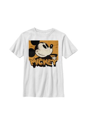 T-shirt blanc avec un graphisme vintage du visage de Mickey Mouse et le mot "Mickey" en lettres orange et noires en gras.