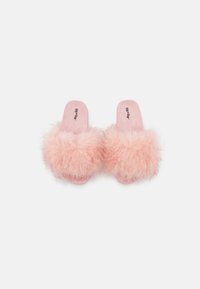 Pink slide sandals with fluffy faux fur straps, soft suede footbed, open design, and flat sole for comfortable wear.
