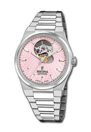 Silberne Metallarmbanduhr mit rosafarbenem, strukturiertem Zifferblatt, sichtbaren mechanischen Zahnrädern sowie silbernen Stundenmarkierungen und Zeigern.