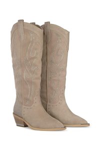 Botas vaqueras de ante beige con punteras puntiagudas y costura decorativa en forma de llamas. Incluyen tachuelas plateadas y un tacón bajo apilado.