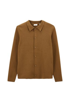 Cardigan en tricot marron avec col, manches longues et fermeture à six boutons. Texture douce avec une finition lisse et sans motifs.
