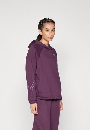 Purple hoodie with a kangaroo pocket, ribbed cuffs, and hem. Features a small logo on the chest and a design detail on the sleeve.