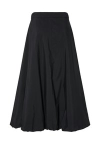 Falda midi negra con un diseño fluido, hecha de tela ligera. Cuenta con una cinturilla ajustada y suaves pliegues para mayor movimiento.