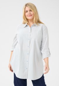 Chemise à rayures bleu clair et blanche à boutons, avec un col, une poche poitrine, des poignets retroussés et un ourlet arrondi. Fabriquée en tissu doux et léger.