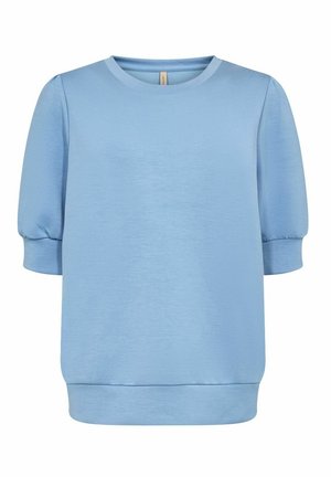 Sweatshirt bleu clair avec des manches courtes bouffantes, un col rond et une coupe décontractée. Texture lisse avec un ourlet côtelé à la taille.