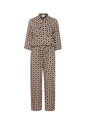 Combinaison beige et noire à imprimé géométrique avec un col, une patte de boutonnage devant, des manches trois-quarts et une taille nouée.
