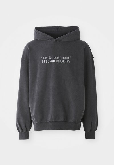 Schwarze, verblasste Kapuzenjacke mit dem Front-Text "Art Department" 1995-08 MISBHV, ausgestattet mit gerippten Bündchen und Saum.