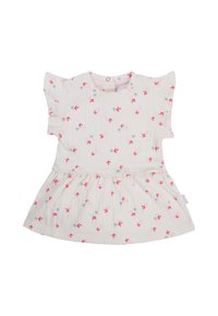 Robe à manches courtes, de couleur crème, avec des imprimés floraux en rose et bleu. Elle présente une jupe froncée et des manches à volants, fabriquée en tissu léger et texturé.