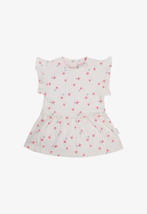 Korte mouwen, crèmekleurige jurk met bloemenprints in roze en blauw. Vervaardigd met een geplooide rok en gerimpelde mouwen, gemaakt van lichte, gestructureerde stof.