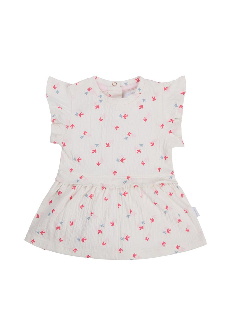Robe à manches courtes, de couleur crème, avec des imprimés floraux en rose et bleu. Elle présente une jupe froncée et des manches à volants, fabriquée en tissu léger et texturé.