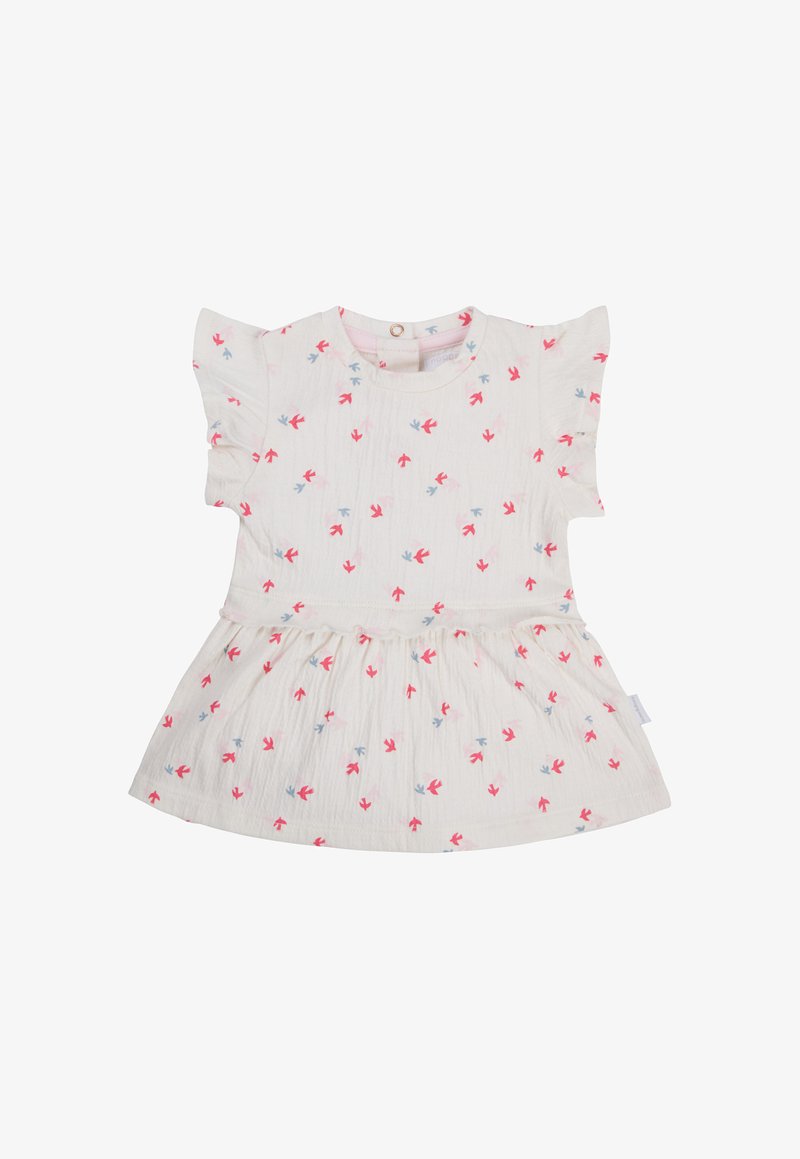 Krótkosleeve, kremowa sukienka w kwiatowe wzory w różowym i niebieskim. Posiada marszczony dół i falbaniaste rękawy, wykonana z lekkiego, teksturowanego materiału.