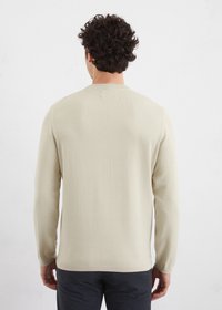 Pull en maille beige avec un col rond et des manches longues, présentant une texture lisse et un ourlet côtelé, vu de dos.