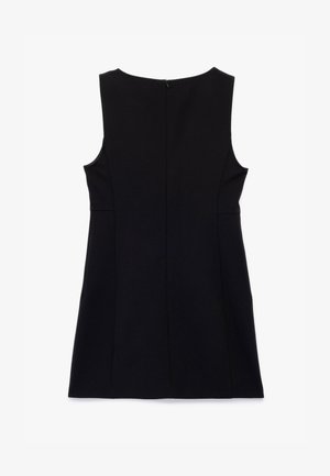 Robe sans manches noire avec une texture lisse, un design ajusté, une fermeture éclair invisible au dos et des coutures détaillées sur les côtés.