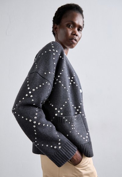 Pelēks adīts džemperis ar apaļām rotājumiem, kas sakārtoti rakstā. Ribotās aproces un apakša, ar brīvu piegriezumu un kabatas detaļu.