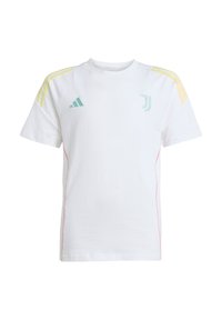 Witte Adidas t-shirt met korte mouwen, voorzien van turquoise en gele accenten op de schouders, met rode zijnaad en het Juventus-logo op de borst.