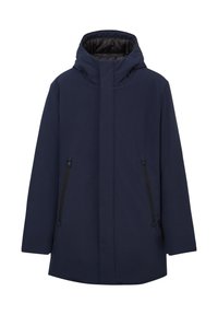 Giacca parka blu navale con colletto alto, cappuccio e tasche laterali con zip. Realizzata in un tessuto liscio e resistente alle intemperie. Design minimalista.