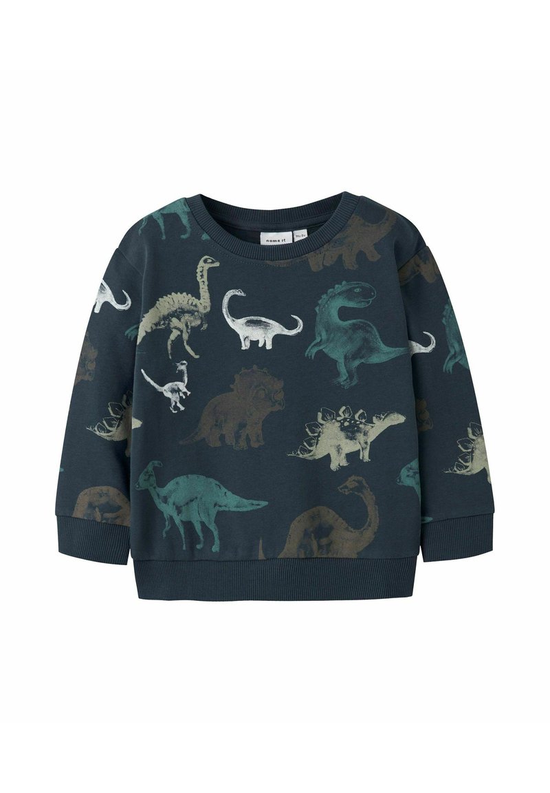 Felpa per bambino di colore blu scuro con stampe di dinosauri colorati tra cui Stegosaurus, Triceratops e Brachiosaurus in tonalità verde, bianco e marrone.