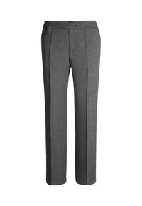 Dunkelgraue gerade Jeans mit elastischem Bund und genähten Vordernähten, auf einem weißen Hintergrund präsentiert.
