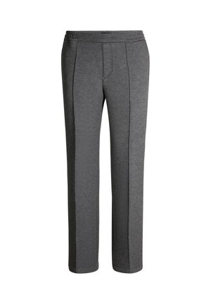 Donkergrijze rechte broek met een elastische tailleband en gestikte voornaad, weergegeven op een witte achtergrond.