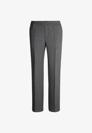 Dunkelgraue gerade Jeans mit elastischem Bund und genähten Vordernähten, auf einem weißen Hintergrund präsentiert.