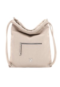 Bolso perforado beige con cierre de cordón en la parte superior, que cuenta con un bolsillo frontal con cremallera y finas correas para el hombro. Presenta detalles en metal plateado.