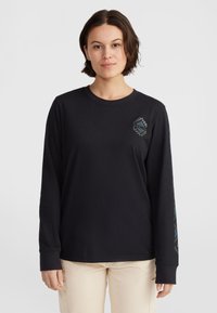 Long-sleeve black cotton t-shirt featuring a geometric logo on the chest and patterned accents down the sleeves. Relaxed fit.
