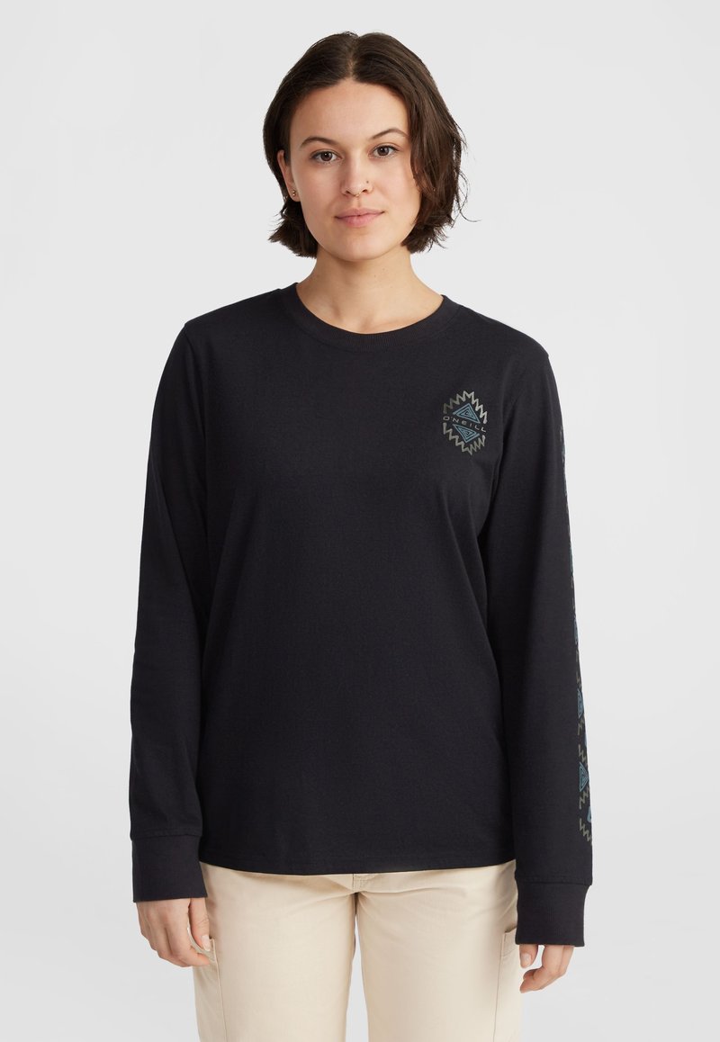 Long-sleeve black cotton t-shirt featuring a geometric logo on the chest and patterned accents down the sleeves. Relaxed fit.