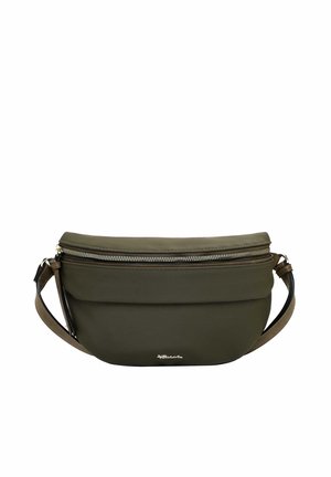 Sac bandoulière vert olive avec une fermeture éclair sur le dessus, une sangle marron réglable et un petit logo de marque argenté au centre avant.
